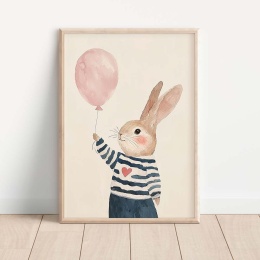 Pastelowy plakat dla dzieci z uroczym królikiem trzymającym różowy balon, w pasiastym sweterku z serduszkiem