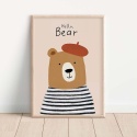 Plakat z misiem w berecie i napisem Hello Bear, ilustracja dziecięca w stylu skandynawskim na jasnym tle