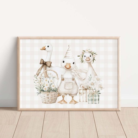 Plakat dziecięcy z trzema gąskami, kwiatami i prezentami, ilustracja akwarelowa w pastelowych kolorach