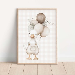 Plakat dziecięcy z gąską i balonami, ilustracja akwarelowa w pastelowych beżowych kolorach