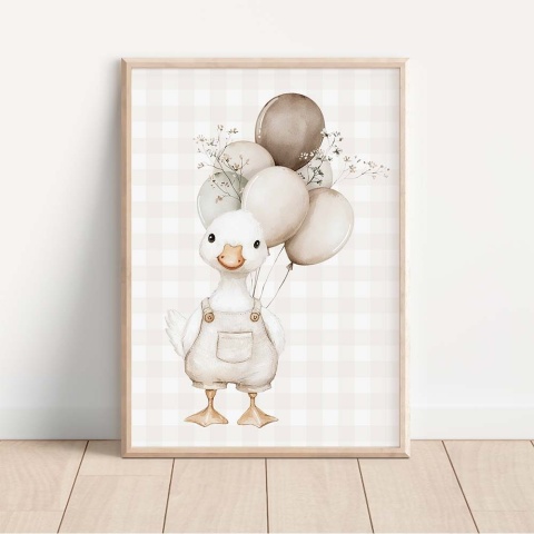 Plakat dziecięcy z gąską i balonami, ilustracja akwarelowa w pastelowych beżowych kolorach