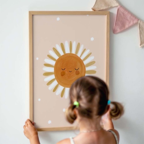 Plakat słońce dla dzieci w stylu skandynawskim, pastelowa ilustracja do pokoju dziecka