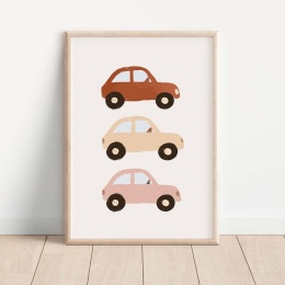 Plakat z samochodami dla dzieci, trzy auta w pastelowych kolorach, styl retro