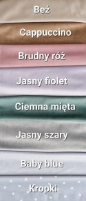 Próbnik kolorów puf welurowych: beż, cappuccino, brudny róż, jasny fiolet, mięta, szary i baby blue