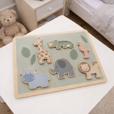 Drewniane puzzle safari dla dzieci Jabadabado ułożone na stoliku w pokoju dziecięcym