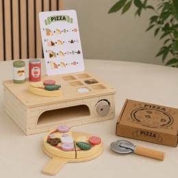 Drewniany piec do pizzy dla dzieci z akcesoriami kuchennymi i pizzą – zabawka edukacyjna