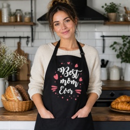 Pomysł na prezent na Dzień Matki – mama w kuchni w fartuchu z napisem "Best mom ever"