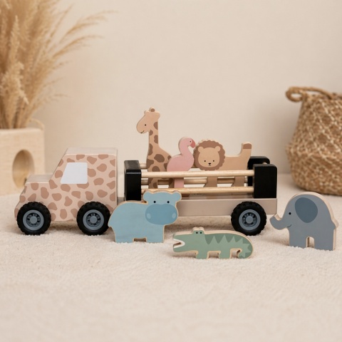 Drewniana ciężarówka safari z figurkami zwierząt dla dzieci – żyrafa, lew, flaming, hipopotam, krokodyl i słoń