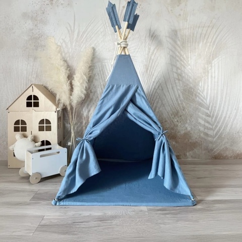Lniany namiot tipi dla dzieci w kolorze niebieskim w stylu boho