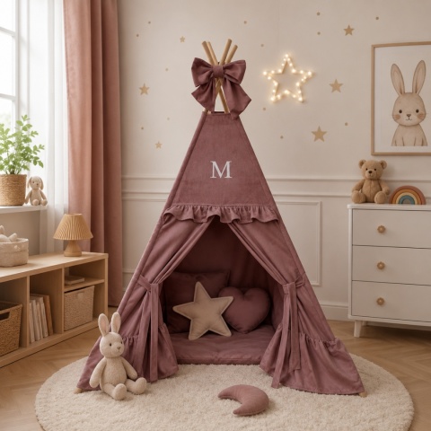 Pudroworóżowy namiot tipi velvet w pokoju dziewczynki z dekoracjami boho