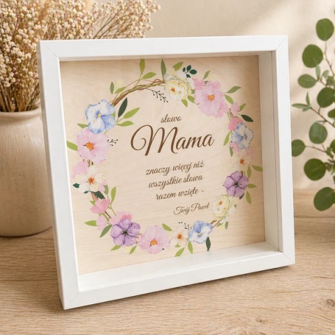 personalizowana ramka 3D dla mamy z kwiatowym wiankiem i napisem dekoracja boho prezent dla mamy