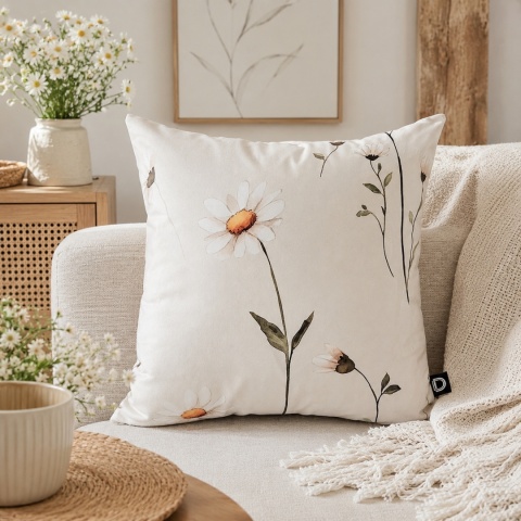 Beżowa poduszka dekoracyjna w stokrotki SPRING SP25 w jasnej naturalnej aranżacji salonu