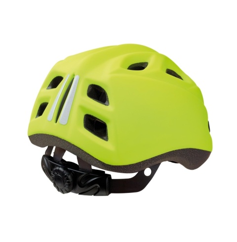 Kask rowerowy dziecięcy BOBIKE Neon Yellow widok z tyłu z regulacją DIAL i odblaskami