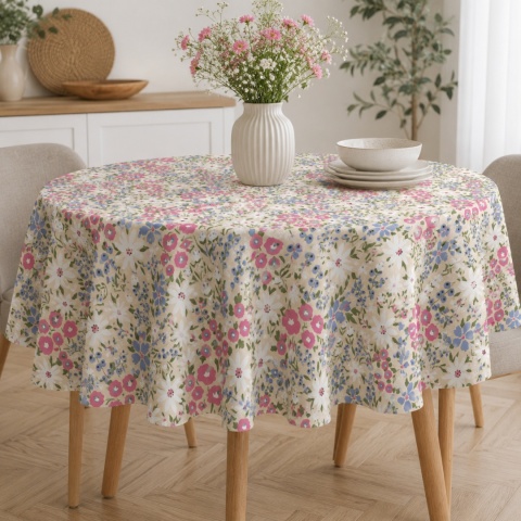 Okrągły obrus w kwiaty różowe i niebieskie – dekoracyjny obrus do salonu i jadalni w stylu floral boho
