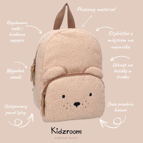 Beżowy plecak dziecięcy miś Kidzroom z miękkiego materiału boucle – funkcjonalny plecak do przedszkola