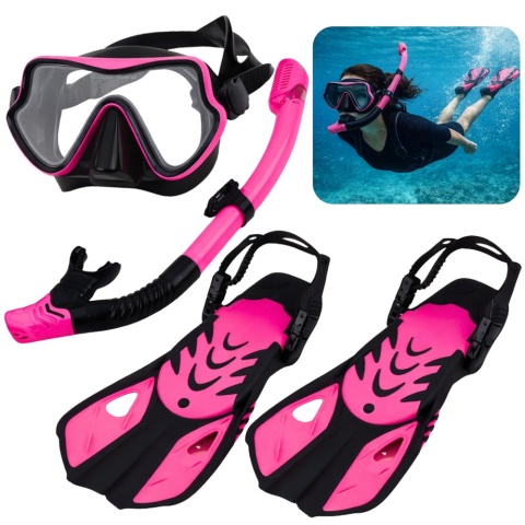 Zestaw do nurkowania snorkelingu czarno różowy maska fajka płetwy S/M