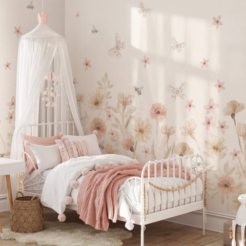 Tapeta boho z pastelowymi kwiatami do pokoju dziecka i dziewczynki