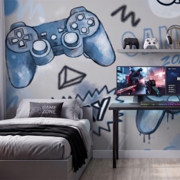 Niebieska tapeta gaming Game Zone do pokoju chłopca z motywem padów do konsoli