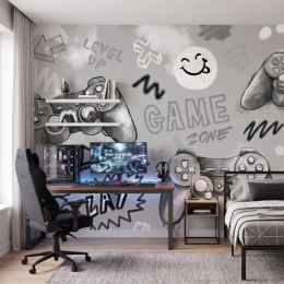 Fototapeta gaming do pokoju dziecka z kontrolerami i nowoczesnym wzorem