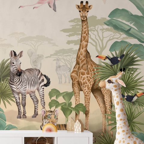 Tapeta safari dla dzieci z żyrafą, słoniem, zebrą i tygrysem w pokoju dziecka