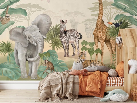 Tapeta safari do pokoju chłopca z afrykańskimi zwierzętami i palmami