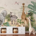 Tapeta do pokoju dziecka safari z żyrafą, zebrą i słoniem w stylu boho