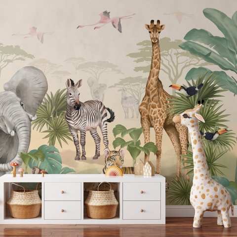 Tapeta do pokoju dziecka safari z żyrafą, zebrą i słoniem w stylu boho