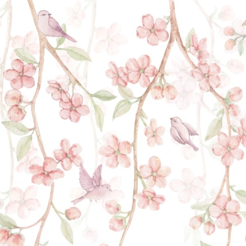Tapeta Sakura z kwiatami wiśni, ptaszkami i motylami w pastelowych kolorach