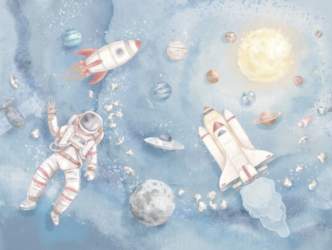 Tapeta kosmos dla chłopca z astronautą, rakietą i planetami