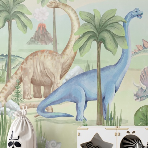 Pastelowa tapeta dla dzieci z dinozaurami, palmami i wulkanem, dekoracja ścienna do pokoju chłopca.