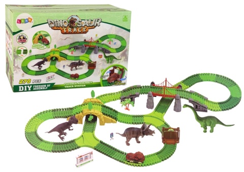 Tor dla dinozaurów 270 elementów z mostem tunelem figurkami dinozaurów i akcesoriami dla dzieci