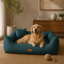 Turkusowe legowisko dla psa premium w nowoczesnym salonie z psem rasy golden retriever