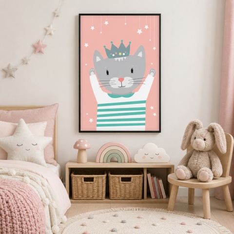 Plakat Kotka Mia w czarnej ramce w pokoju dziewczynki – dekoracja ścienna do pokoju dziecka w pastelowych kolorach