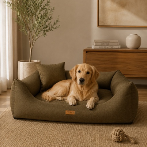 Oliwkowe legowisko dla psa premium w nowoczesnym salonie z psem rasy golden retriever