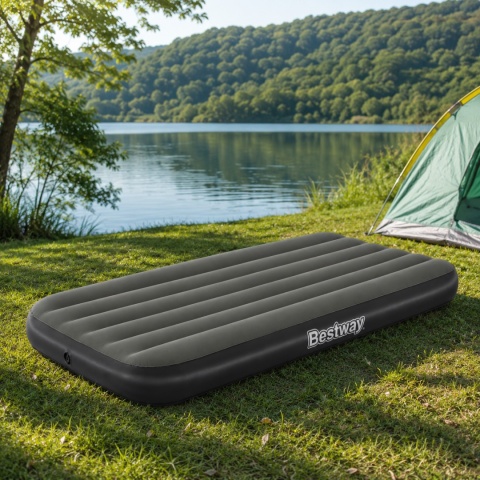 Materac dmuchany jednoosobowy 188x99 cm na biwaku nad jeziorem idealny na camping i wypoczynek
