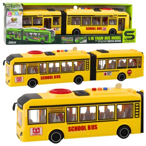 Autobus przegubowy szkolny żółty dla dzieci z otwieranymi drzwiami światłami i dźwiękami