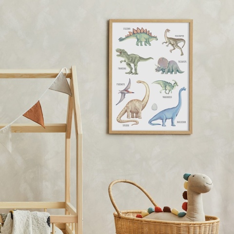 Plakat dinozaury dla dzieci – akwarelowe dinozaury edukacyjny plakat do pokoju chłopca