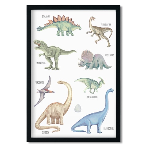 Edukacyjny plakat z dinozaurami dla dzieci w czarnej ramce – dekoracja do pokoju chłopca