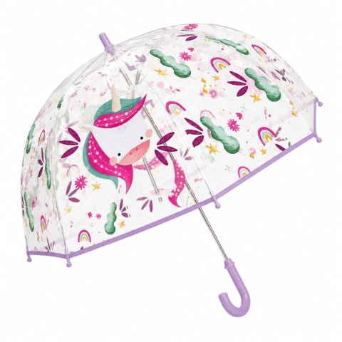 Przezroczysty parasol przeciwdeszczowy dla dzieci z motywem jednorożca i fioletową rączką