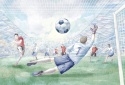 Kolorowa tapeta piłka nożna dla chłopca z boiskiem, bramkarzem i stadionem