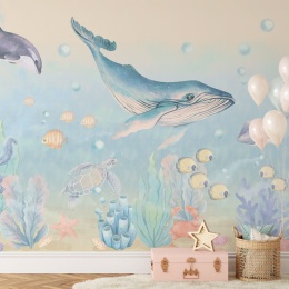 Pastelowa tapeta Ocean dla dzieci z wielorybem, żółwiem morskim, rybkami i rafą koralową