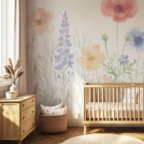 Pastelowa tapeta w kwiaty do pokoju niemowlaka z delikatnym wzorem botanicznym