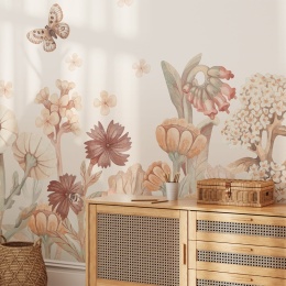 Pastelowa tapeta z kwiatami i motylami do pokoju dziewczynki w delikatnym stylu boho