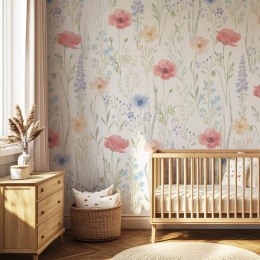 Tapeta dla dziewczynki z akwarelowymi kwiatami boho i motywem pastelowej łąki
