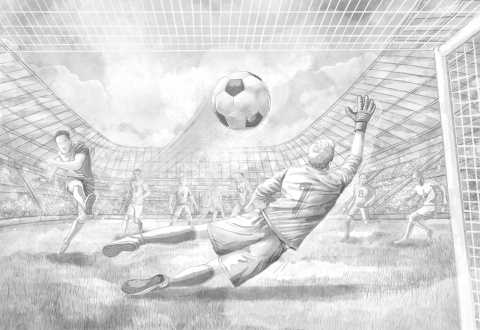 Tapeta piłkarska z motywem stadionu, bramkarza i meczu piłki nożnej dla dzieci