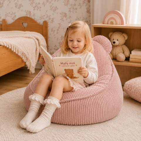 Dziewczynka czytająca książkę na różowej pufie dla dziecka Teddy Aesthetic w pokoju dziecięcym