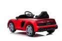 Czerwone Audi R8 dla dzieci na akumulator – tylny widok pod kątem prezentujący sportową sylwetkę pojazdu.