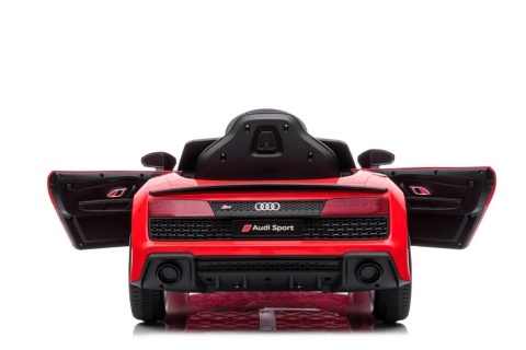 Tył czerwonego Audi R8 dla dzieci z otwartymi drzwiami – elektryczny samochód na akumulator z pilotem dla rodzica.