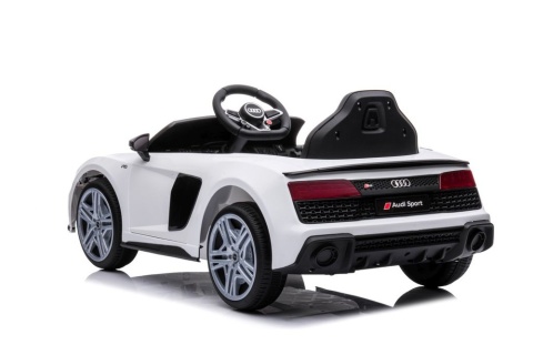 Audi R8 na akumulator dla dzieci w kolorze białym – tylny widok pod kątem prezentujący sportową sylwetkę.