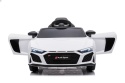 Białe Audi R8 na akumulator z otwieranymi drzwiami – licencjonowany samochód elektryczny dla dzieci.